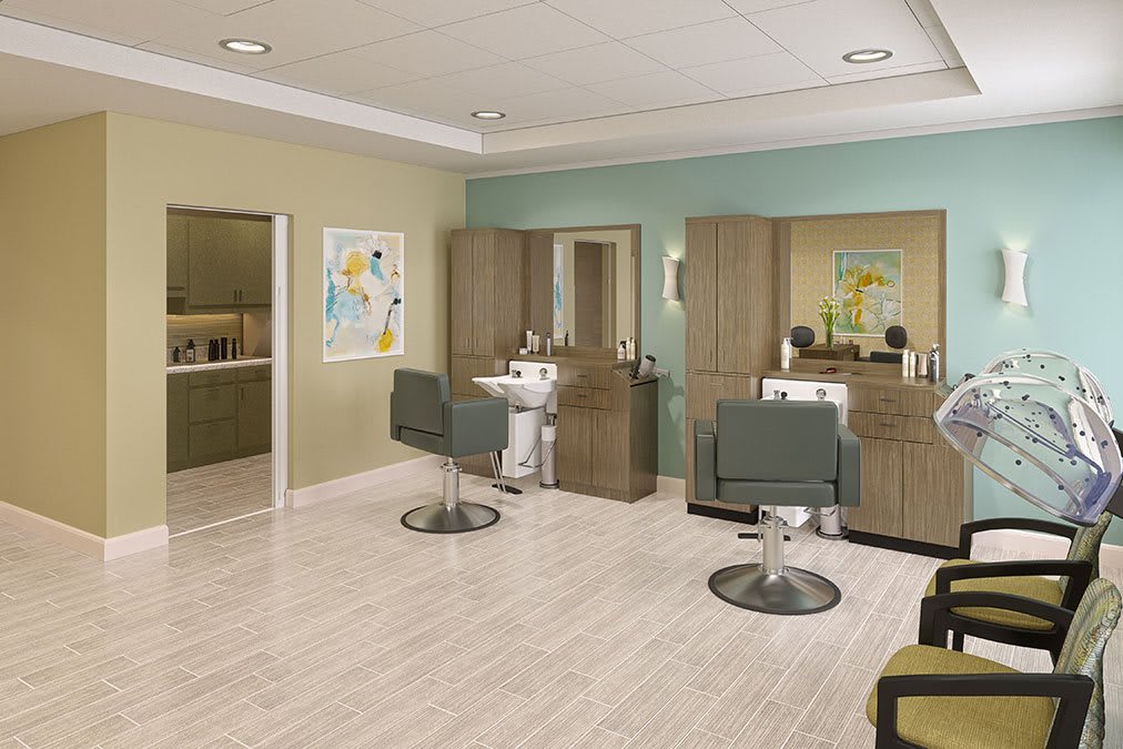 A modern salon interior with hairdressing chairs and mirrors.