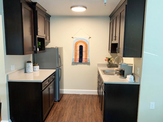 A modern kitchen with dark cabinets, wood flooring, and colorful artwork on the wall.