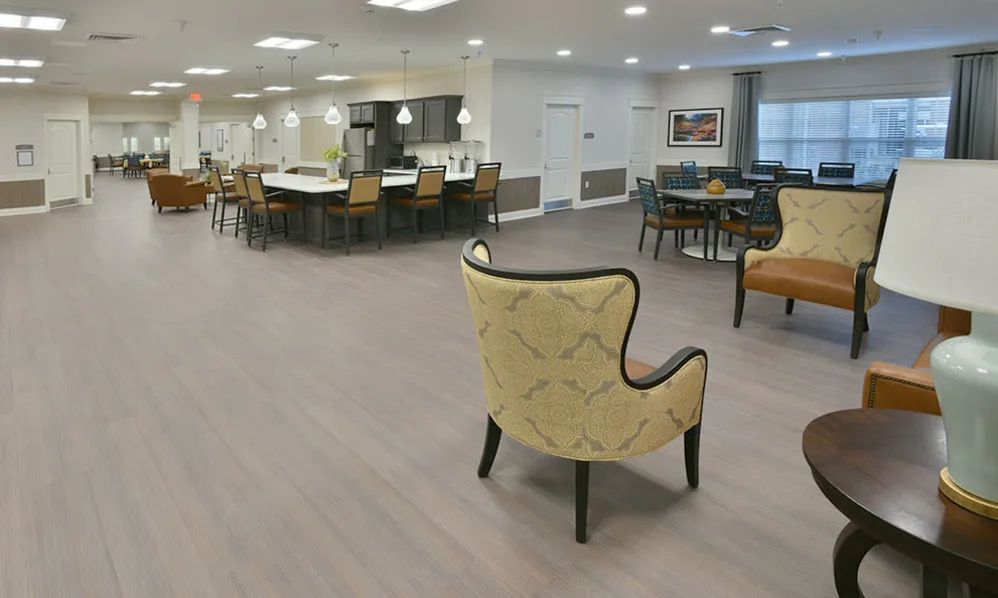 A spacious and modern lounge area with various seating arrangements.