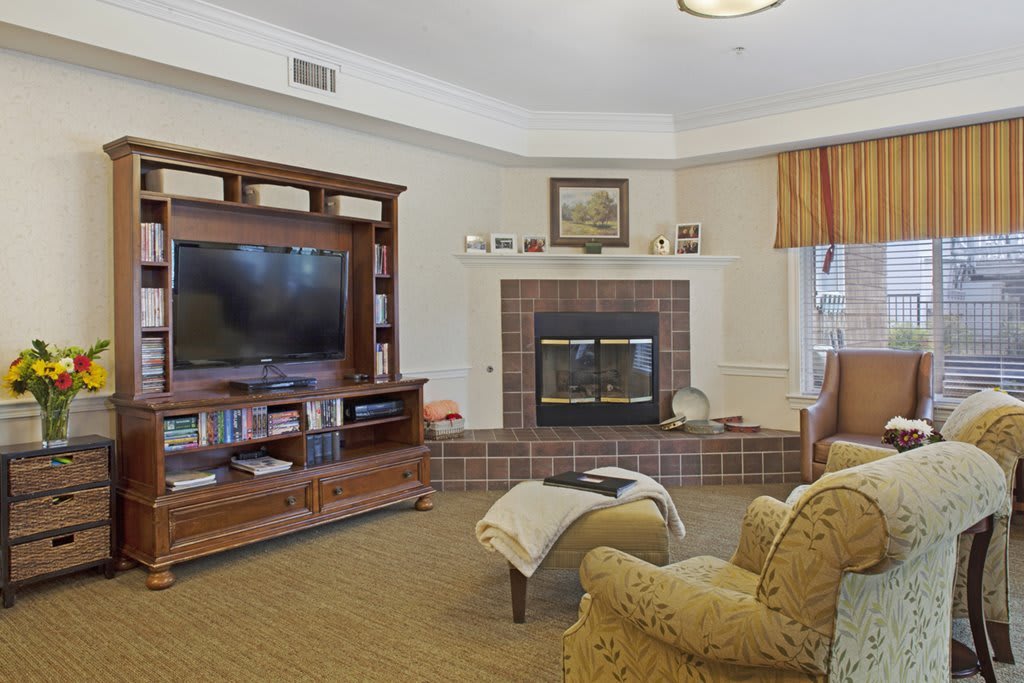 Cozy living room with a fireplace, television, and comfortable seating.