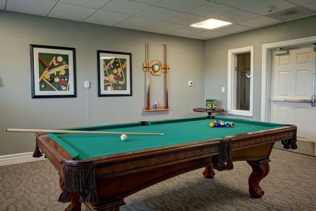 A cozy game room with a pool table and cue sticks neatly arranged on the wall.