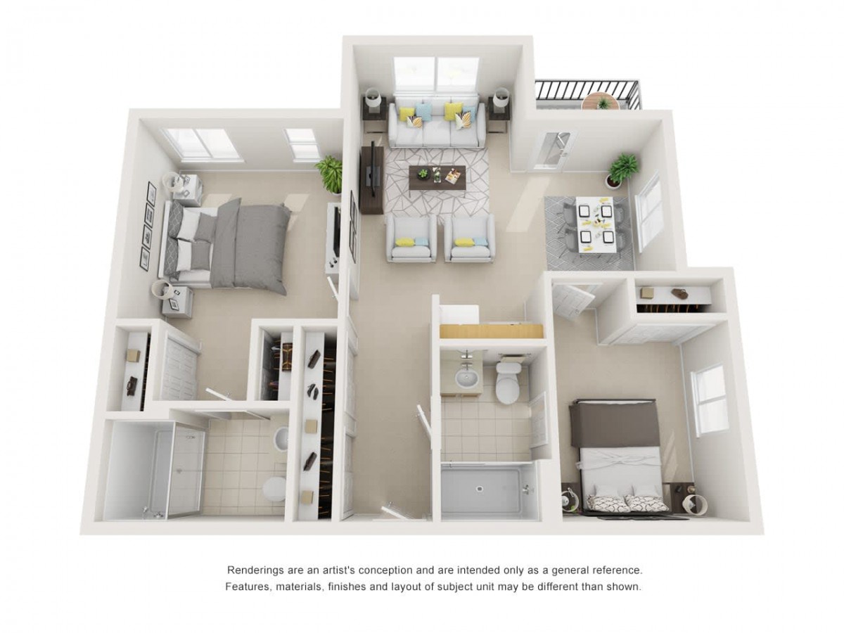 A 3D rendered floor plan of a modern one-bedroom apartment with designated areas for the kitchen, living room, and bedroom.
