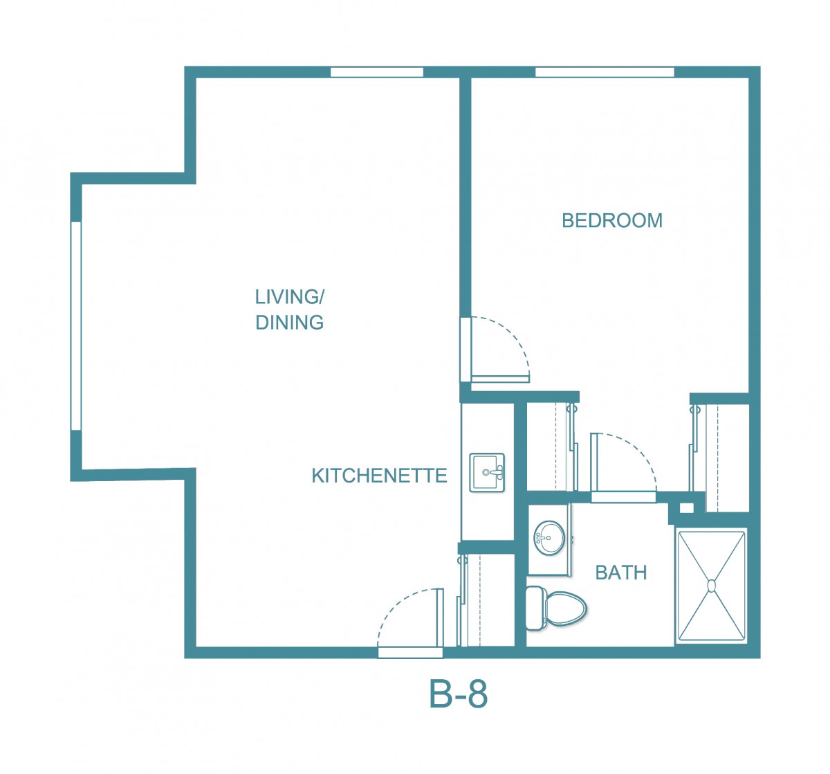 Floor plan of a one-bedroom apartment layout.