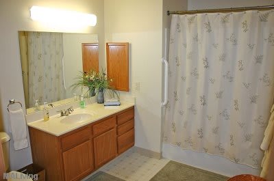 A clean and organized bathroom with a sink, mirror, and shower curtain.