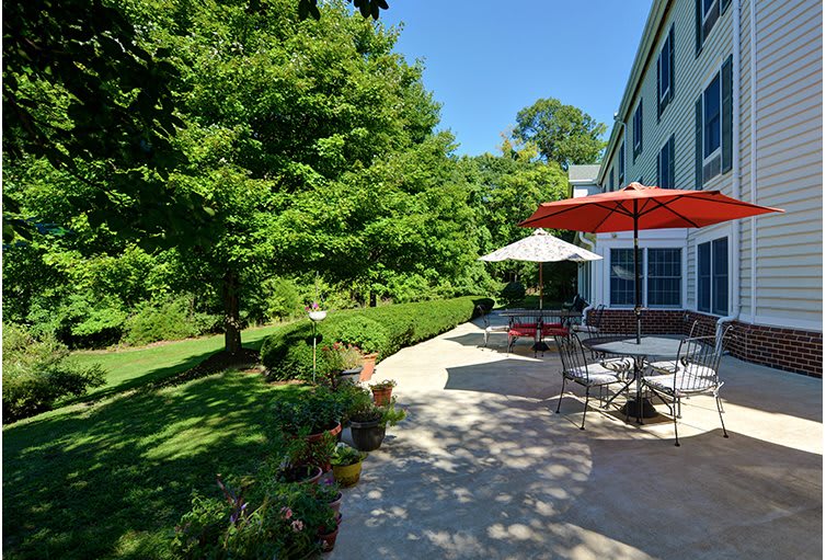 A sunny backyard patio with outdoor seating and umbrellas, surrounded by lush greenery.