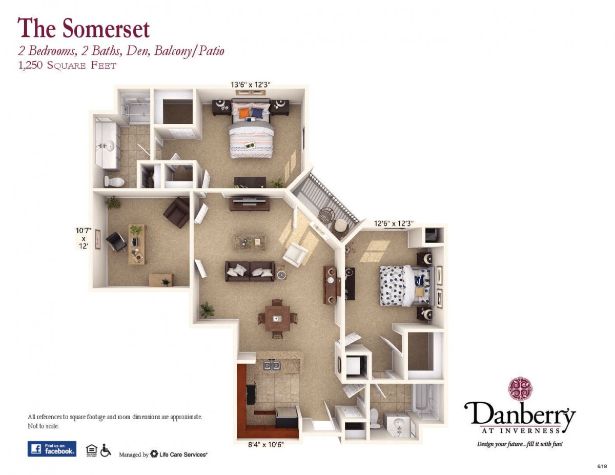 The Somerset apartment floor plan featuring 2 bedrooms, a living area, and a kitchen layout.