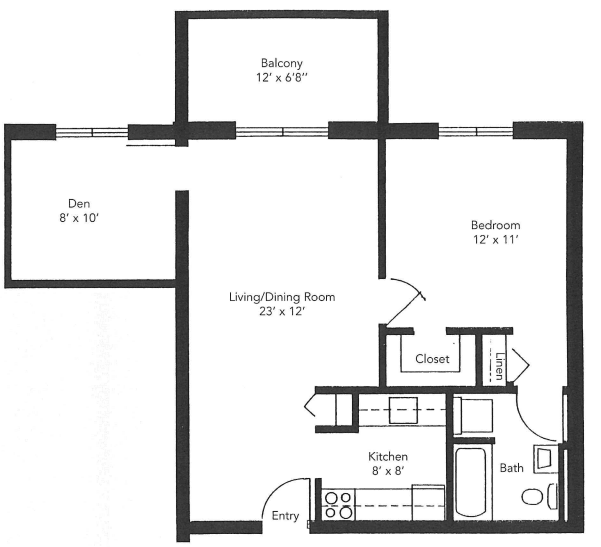 A floor plan showing the layout of an apartment including a living/dining room, kitchen, bedroom, den, bath, and walk-in closet.