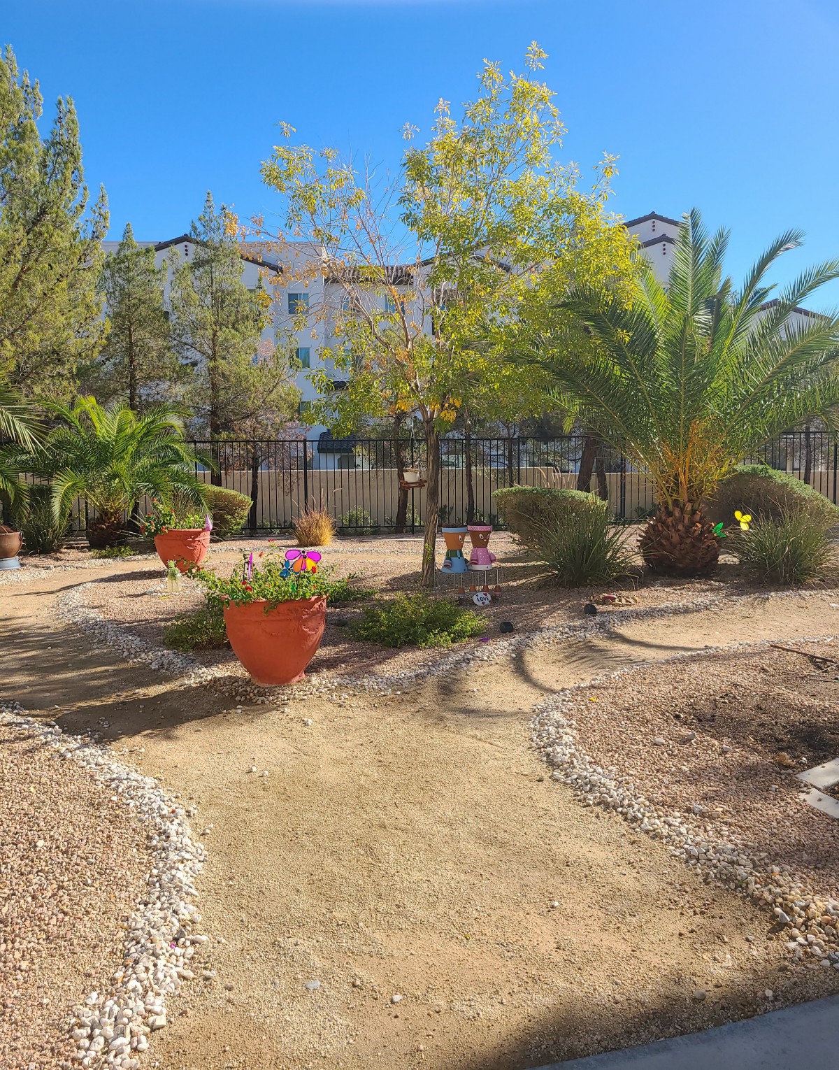 A beautifully landscaped garden with palm trees and potted plants on a sunny day, set in front of an apartment building.