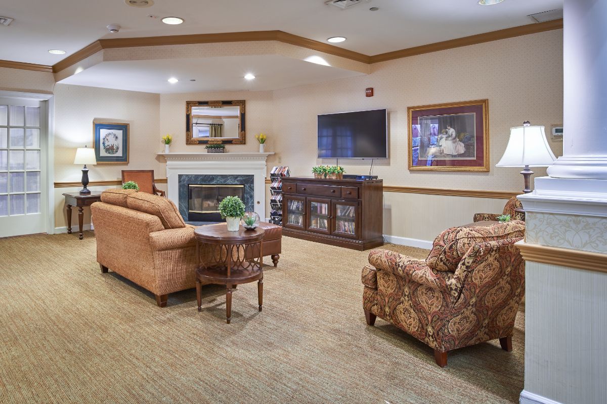 A cozy living room with sofas, a fireplace, and a television.