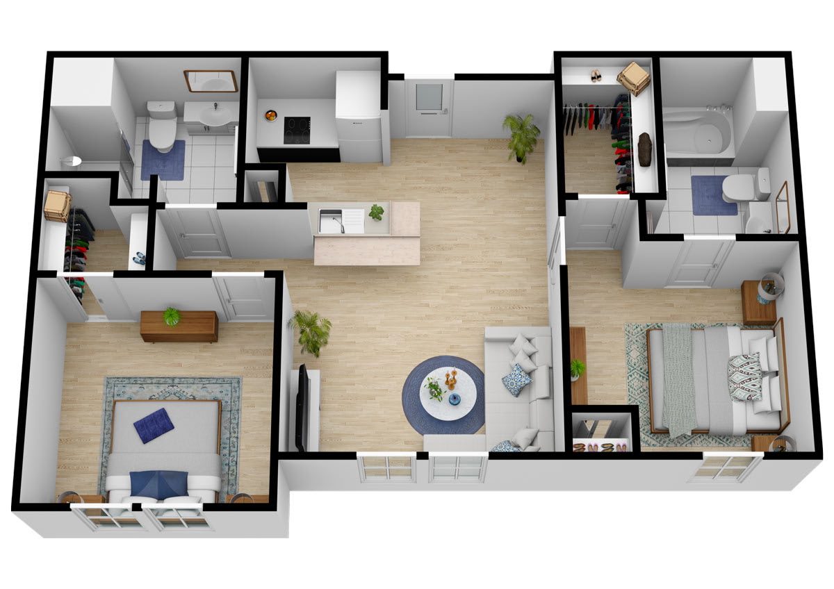 A 3D floor plan of a two-bedroom apartment featuring a living room, kitchen, bathroom, and furniture arrangement.