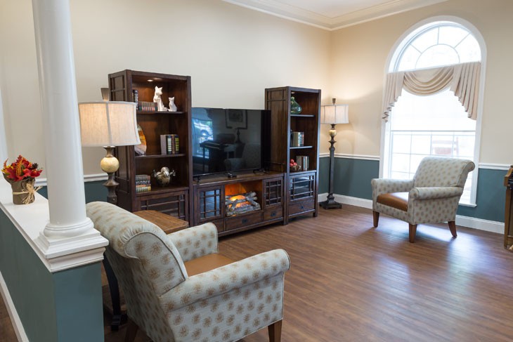 Cozy living room with a television, bookshelves, and comfortable seating.