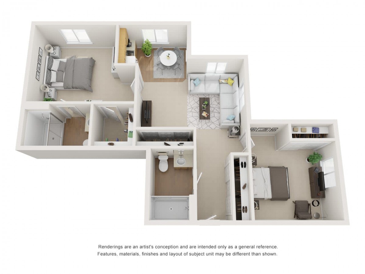 A 3D floor plan of a two-bedroom apartment with a living room, kitchen, and bathroom.