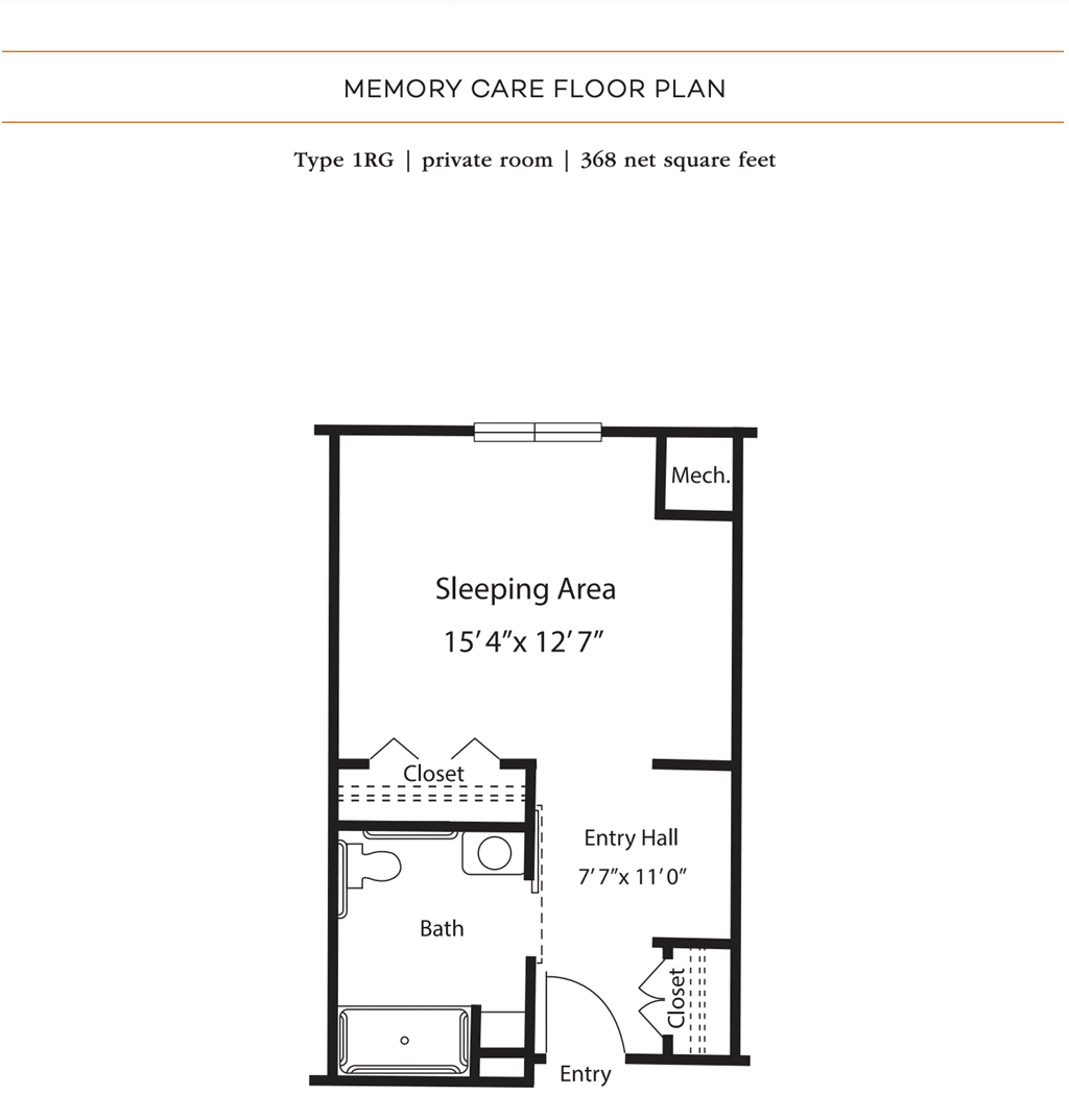 Memory Care Floor Plan - Type: MC1 - Private Room, 300 square feet.