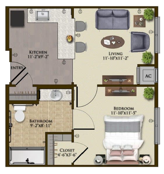 A one-bedroom apartment floor plan featuring a kitchen, living room, bathroom, and closet.