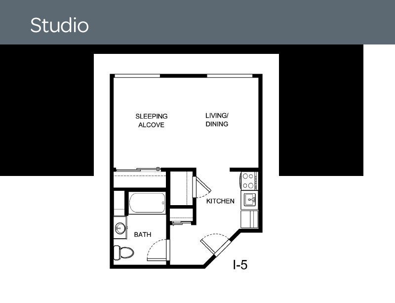 Studio apartment floor plan with sleeping alcove, living/dining area, kitchen, and bathroom.