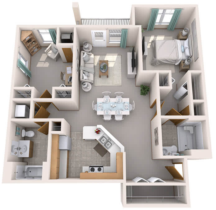 A 3D rendering of a two-bedroom apartment floor plan featuring an open living and dining area.