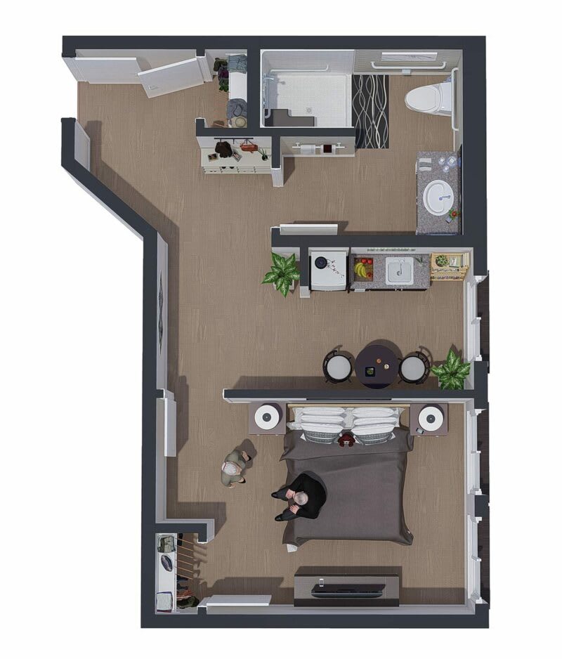 A detailed floor plan of a one-bedroom apartment featuring a living area, kitchen, and bathroom.