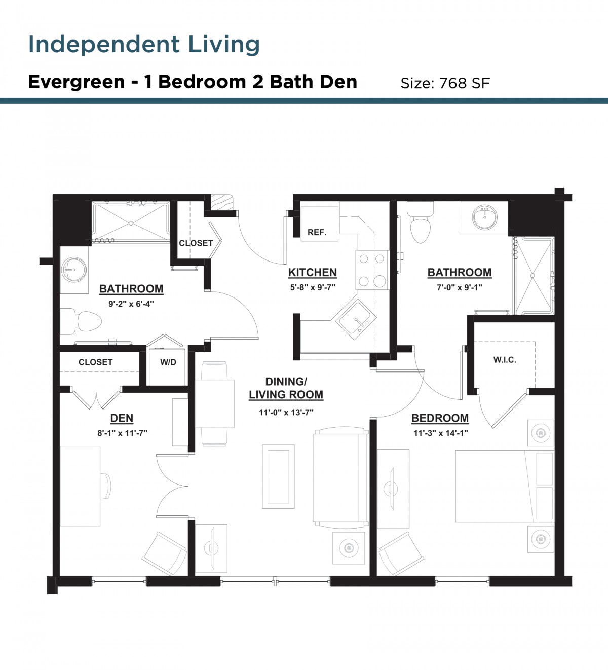 Floor plan for an independent living apartment featuring 1 bedroom, 2 bathrooms, and a den.