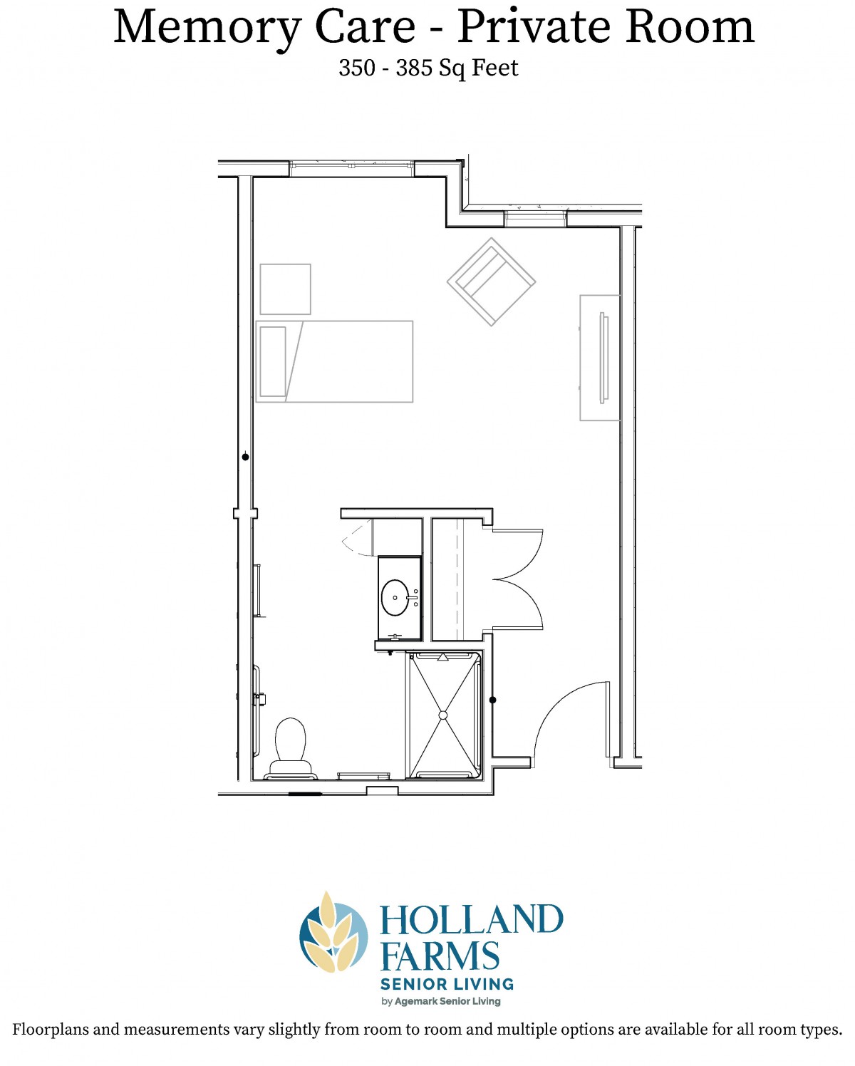 A floor plan layout of a studio apartment with designated living and kitchen areas.