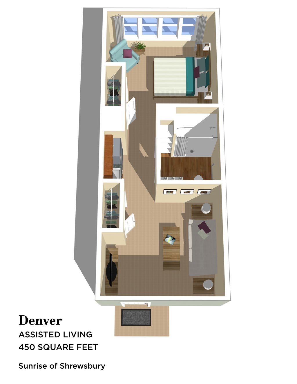 3D floor plan of a one-bedroom assisted living apartment.