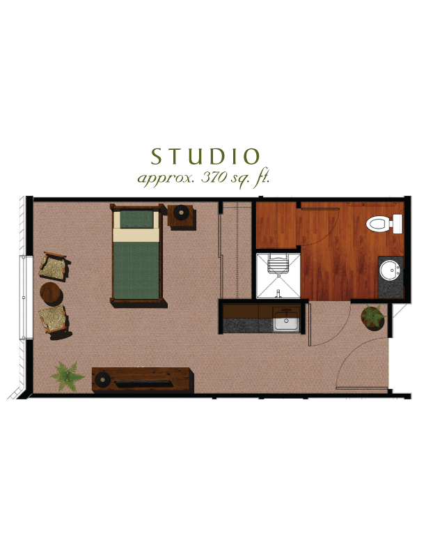 Floor plan of a studio apartment approximately 320 sq ft in size, showcasing the layout and furniture arrangement.
