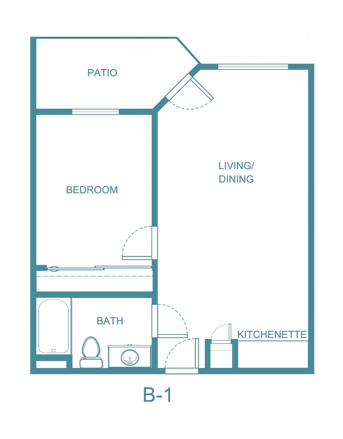 A blueprint of a one-bedroom apartment featuring a living/dining area, kitchenette, bathroom, bedroom, and patio.