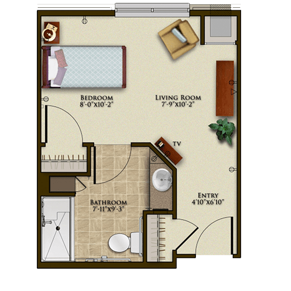 A compact floor plan of a one-bedroom apartment featuring a living room, bathroom, and entryway.