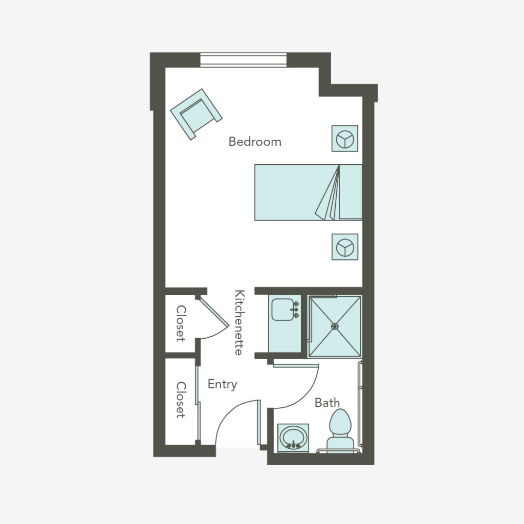 A floor plan of a studio apartment with designated areas for the bedroom, living space, kitchen, and bathroom.