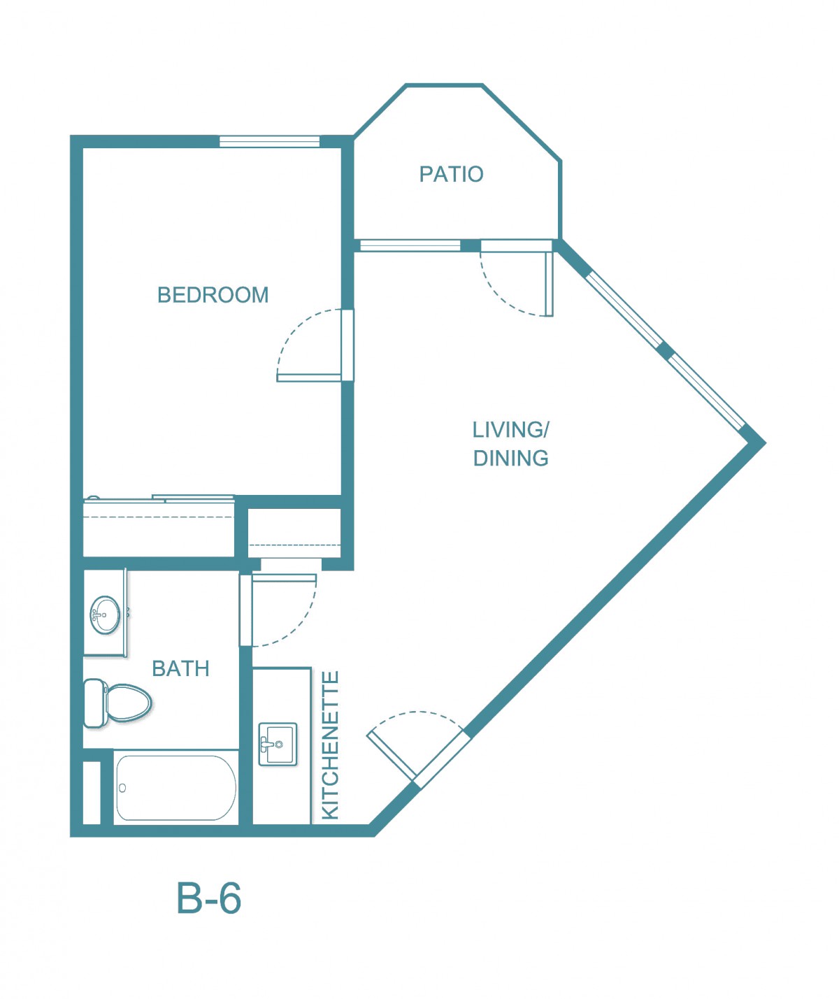 Apartment floor plan with one bedroom, a bathroom, kitchenette, living area, and patio.