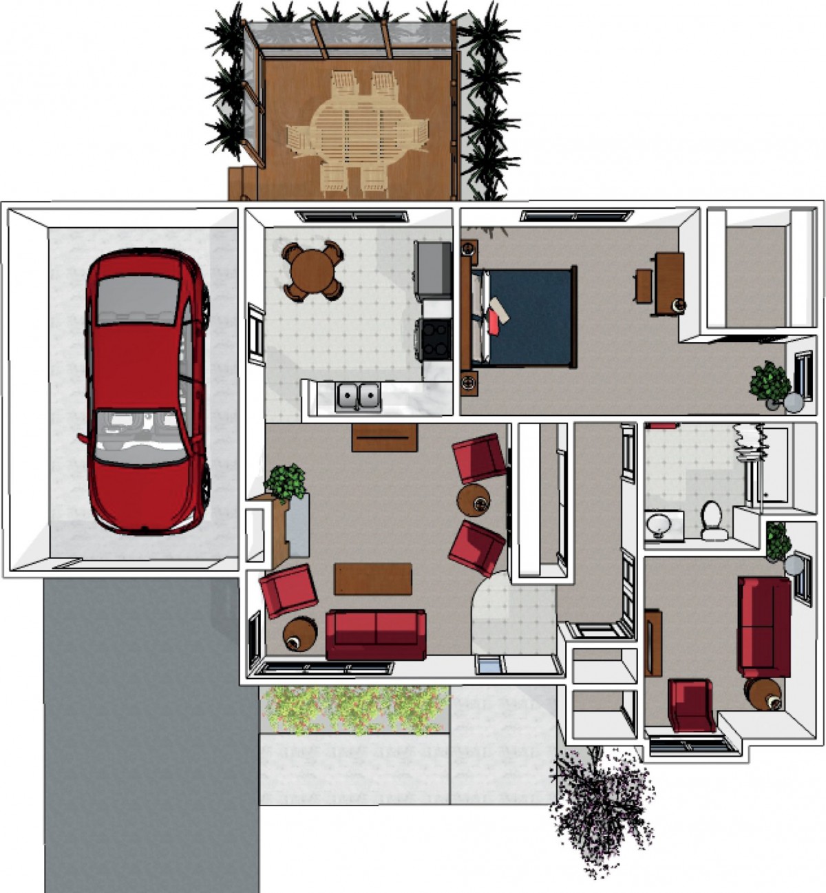 A detailed floor plan of a residential house including a garage and multiple rooms.