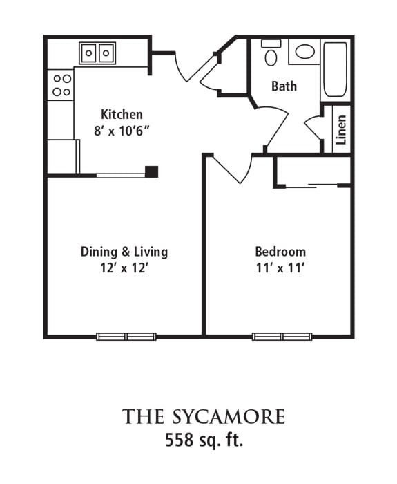 The Sycamore: A 550 sq. ft. one-bedroom apartment floor plan.