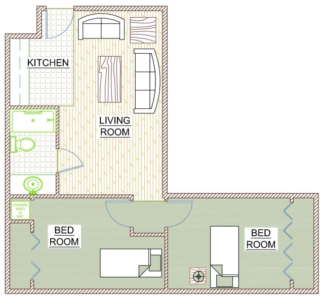 A floor plan of an apartment featuring a kitchen, living room, and two bedrooms.