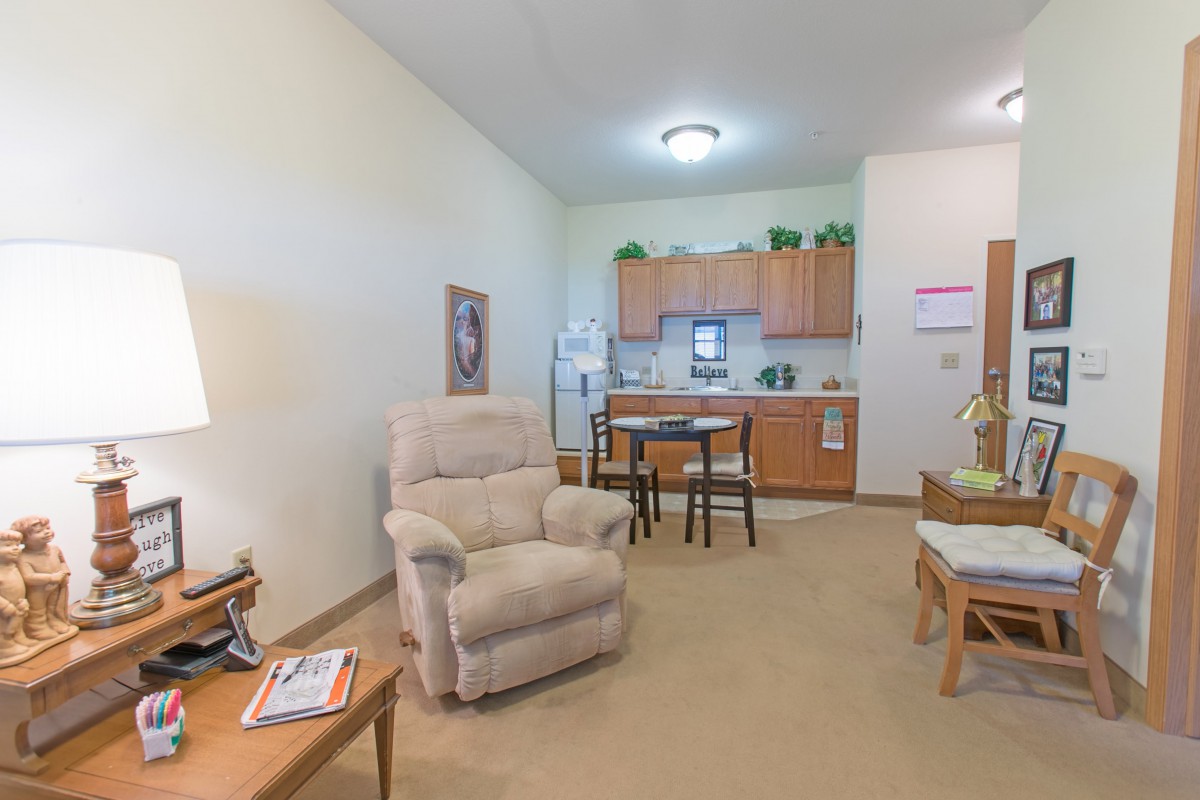 Cozy living space featuring a recliner, small kitchenette, and dining area.