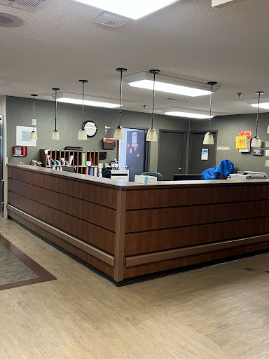 A modern reception area in a healthcare facility with wooden furnishings and bright lighting.