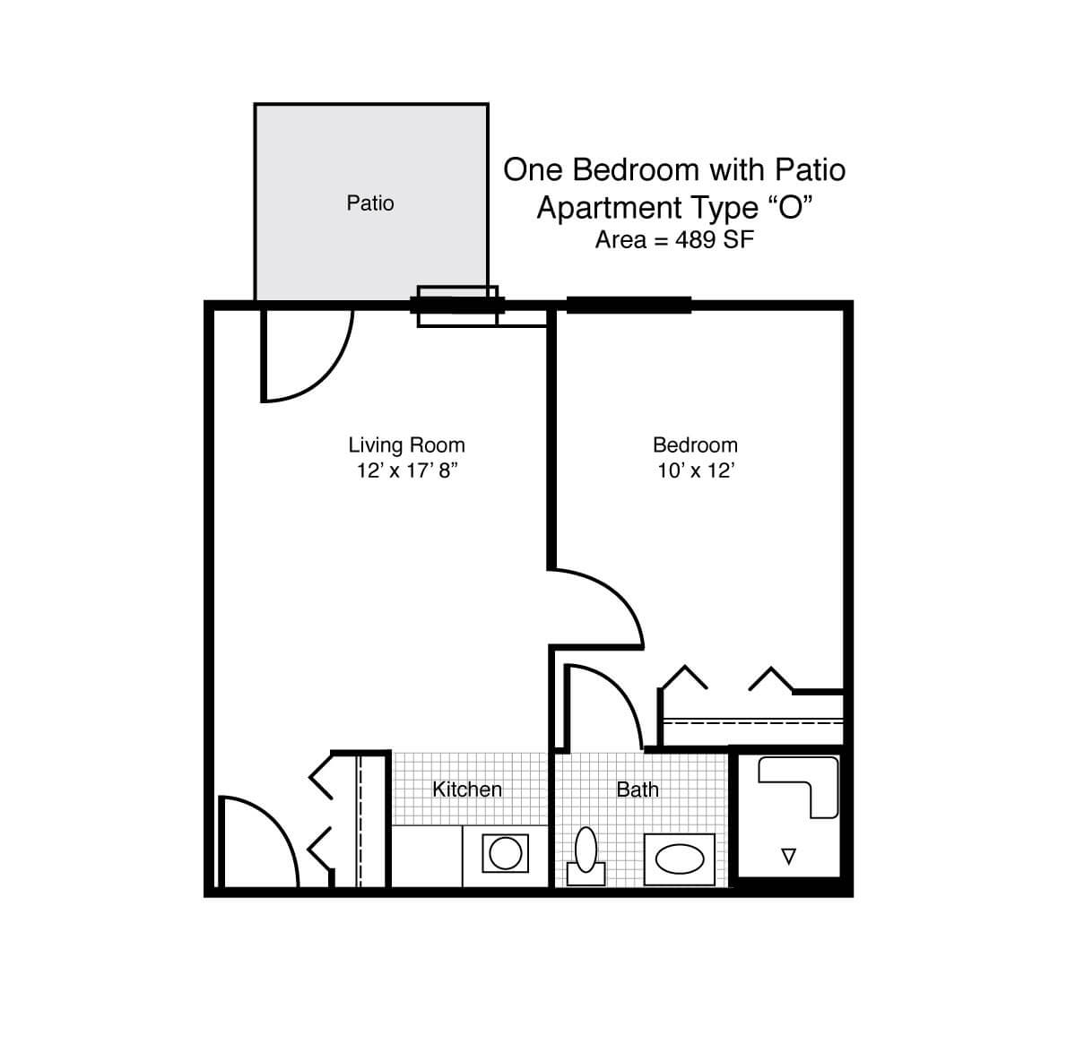 A floor plan of a one-bedroom apartment with a patio.