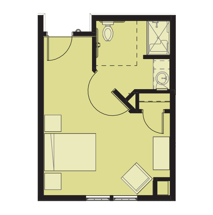 A simple floor plan of a studio apartment with a bathroom and living area.