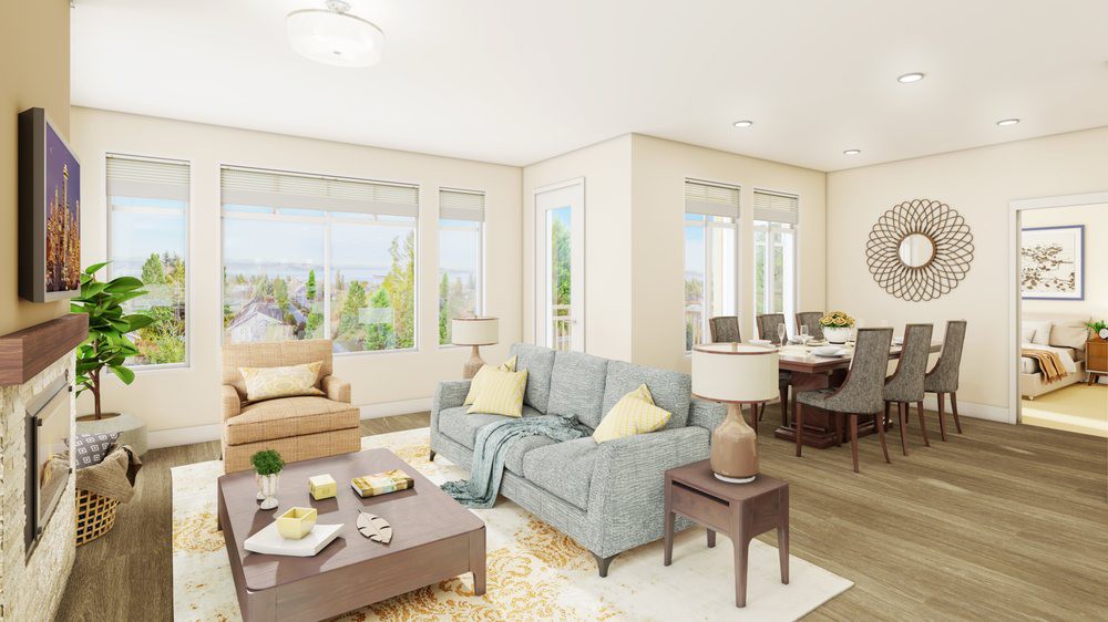 A bright and spacious living room with cozy furniture and a dining area.