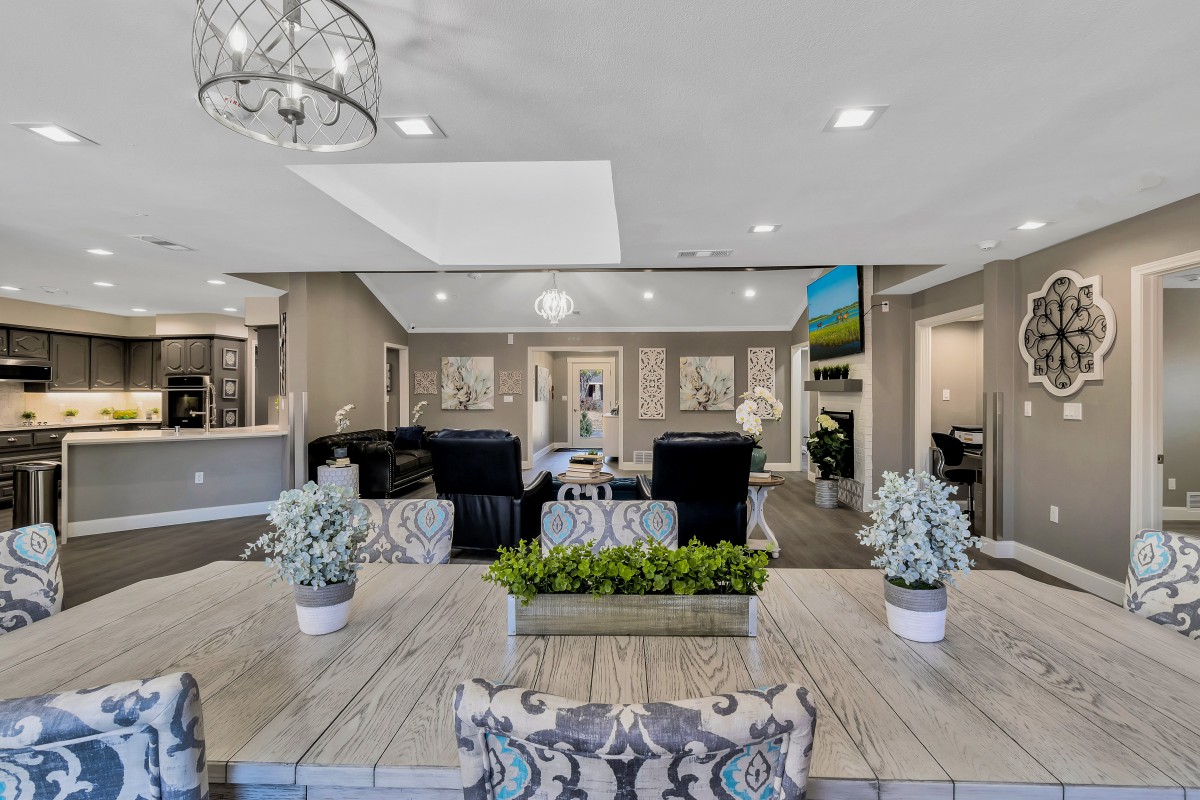 A modern and stylish living room with elegant decor, featuring comfortable seating and decorative plants.