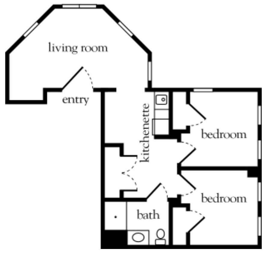 A floor plan of an apartment featuring a kitchenette, living room, bathroom, and two bedrooms.