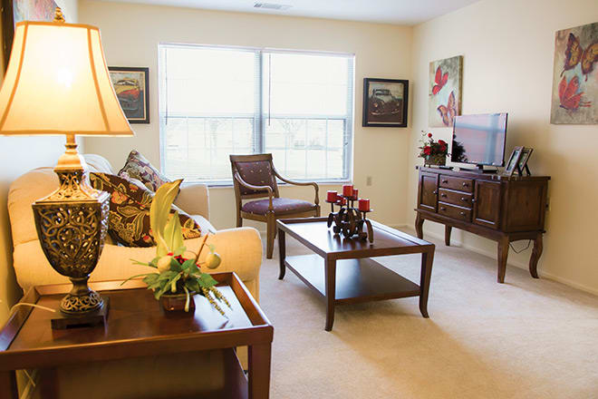 A cozy living room with elegant decor, featuring a sofa, coffee table, lamps, and a TV stand.