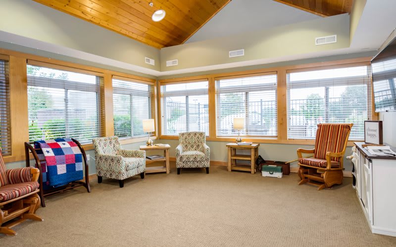 A cozy living room with ample natural light, featuring several chairs and large windows.