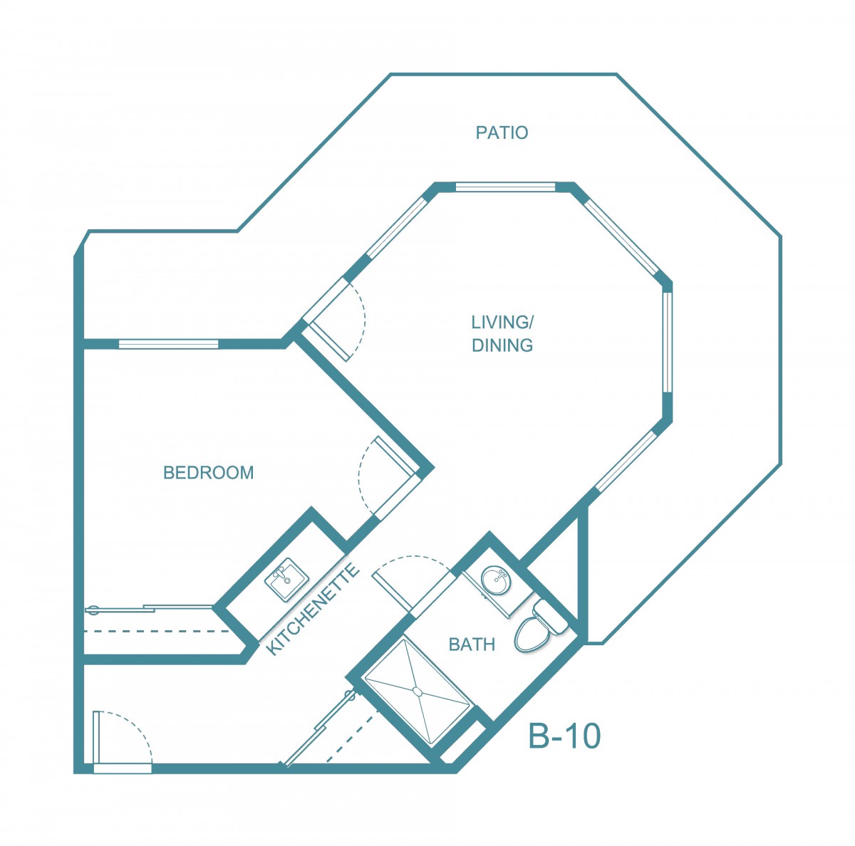 A detailed floor plan of an apartment, showcasing the layout of rooms including a living area, bedroom, bathroom, and kitchen.