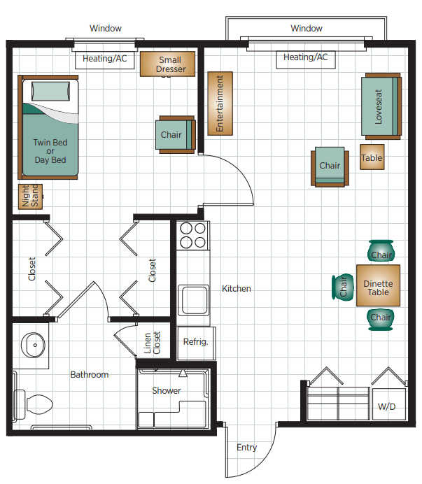 A floor plan of a one-bedroom apartment with labeled areas for living room, kitchen, bedroom, and bathroom.