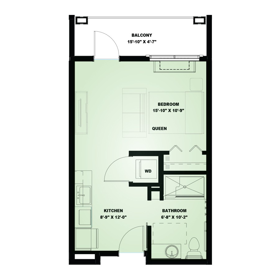 Studio apartment floor plan with living area, kitchen, bathroom, and balcony.
