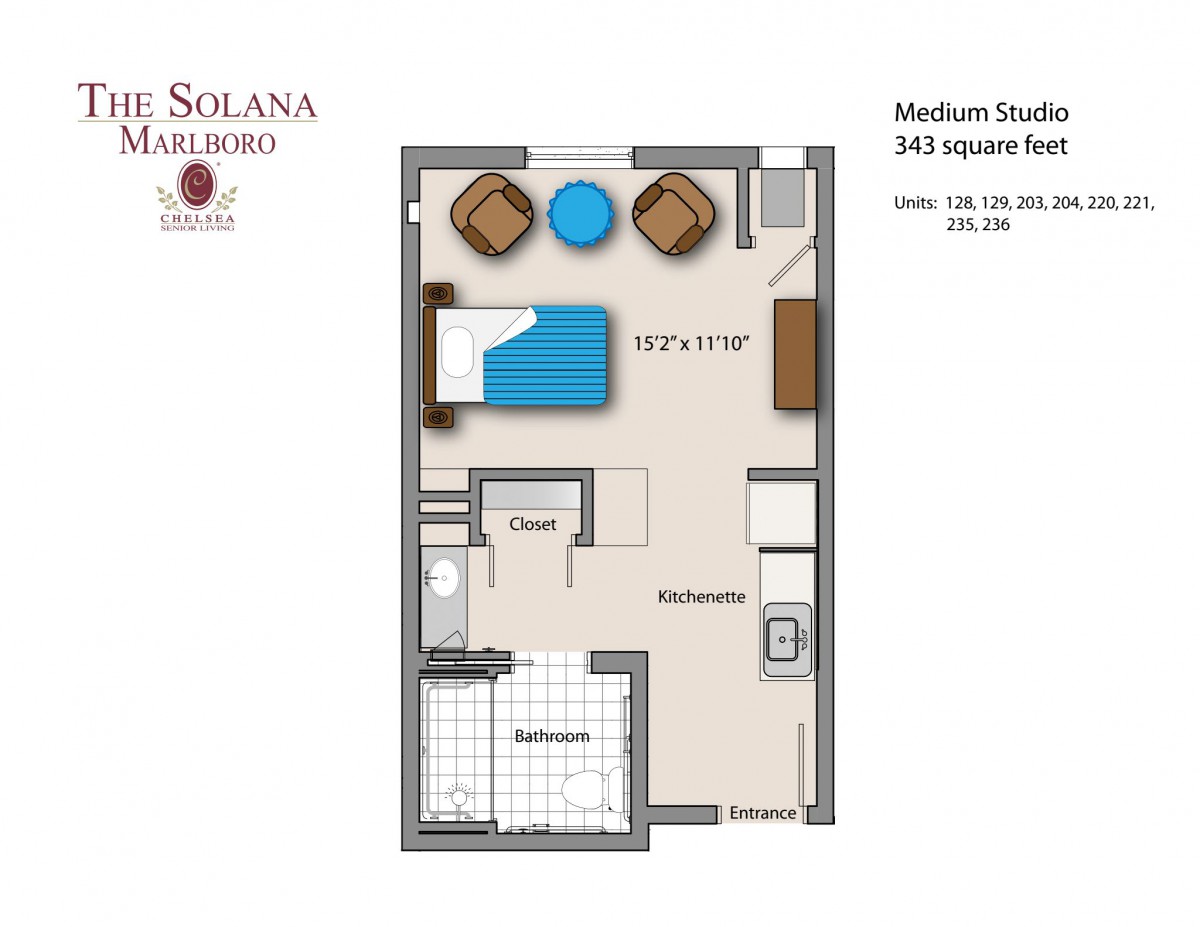 A modern studio apartment floor plan measuring 382 square feet.