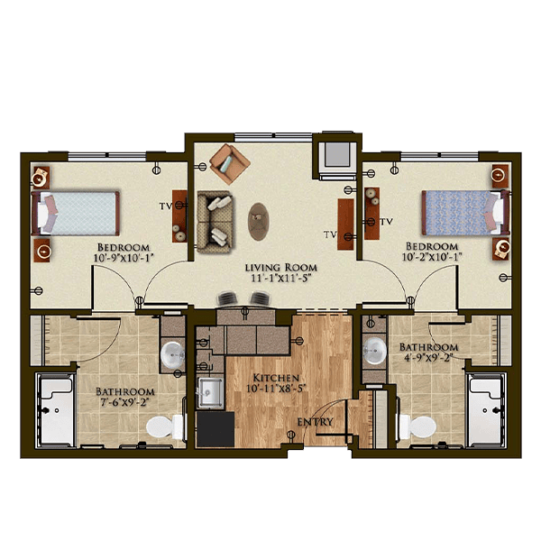 A floor plan of a two-bedroom apartment featuring a central living area, kitchen, and two bathrooms.