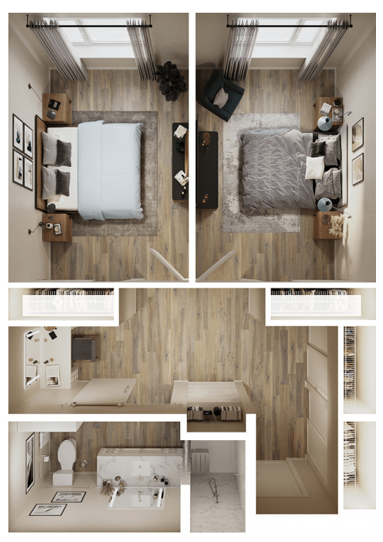 A modern apartment floor plan featuring a bedroom, living room, kitchen, and bathroom.