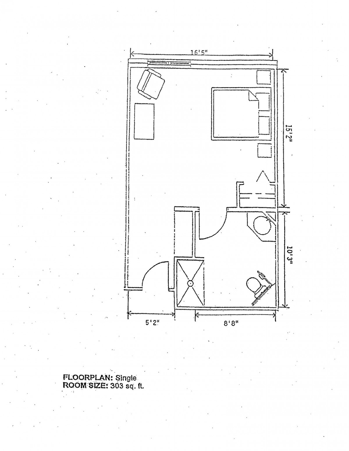A floor plan for a small apartment or room layout with dimensions and furniture arrangement.
