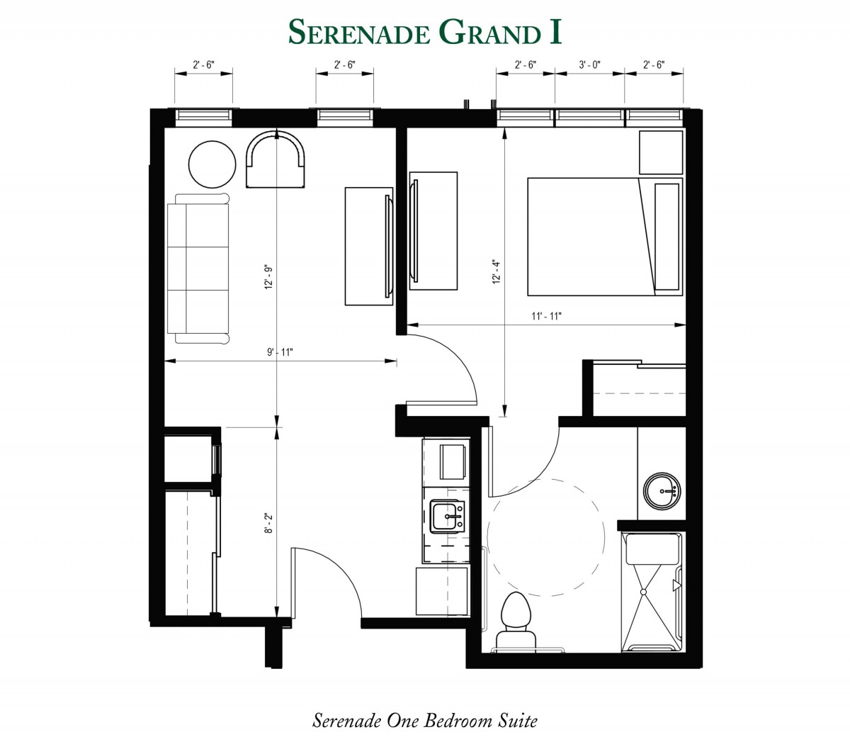 A floor plan labeled 'Serenade Grand I' showcasing a one-bedroom apartment layout with living area, kitchen, and bathroom.