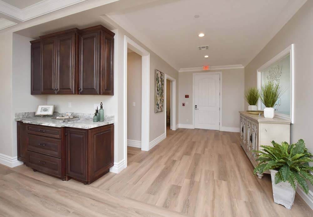 A modern hallway with wooden flooring, cabinets, and stylish decor.